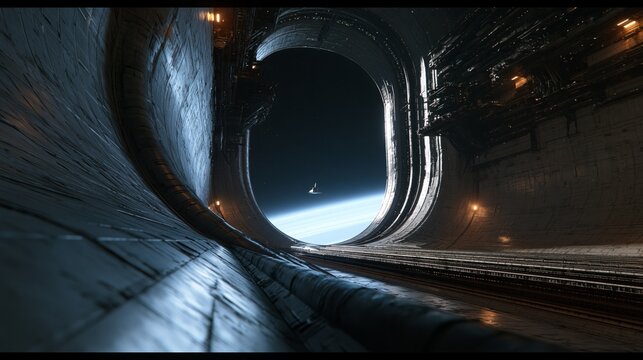 colossal interstellar carrier hangar overlooking a pale blue gas giant