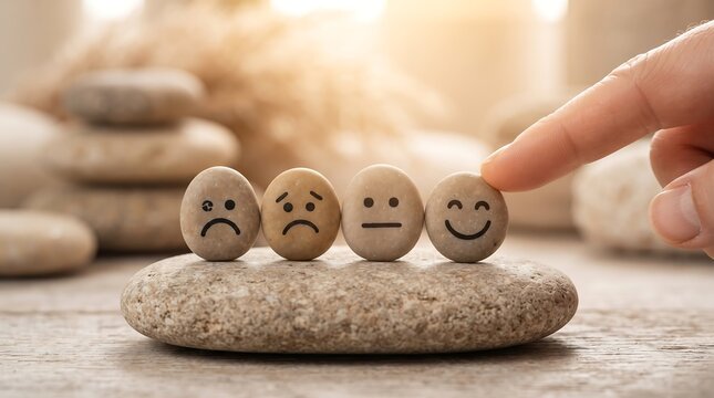 Small painted pebbles displaying various emotional expressions from sad to happy symbolizing psychological shift with sad expression mental wellbeing stone emotions