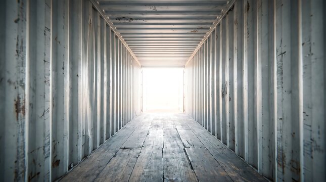 Inside shipping container corridor stretching to bright light at far end perspective view empty metal industrial space for storage or transport.