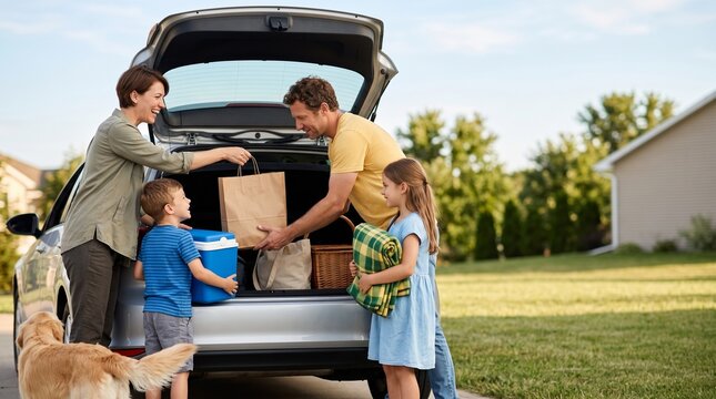 Family loading car for picnic with dog and children preparing for outdoor fun