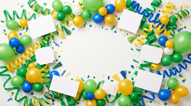Celebration Party Border with Balloons Confetti Streamers and Blank Cards