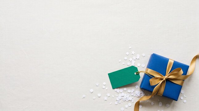 Blue gift box with golden ribbon and green tag surrounded by confetti