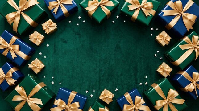 Festive Christmas Gifts Wrapped in Blue and Green with Gold Ribbons and Stars