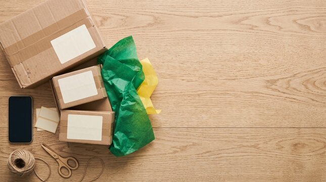 Packing supplies including boxes, tape, scissors, twine, and tissue paper on a wooden surface