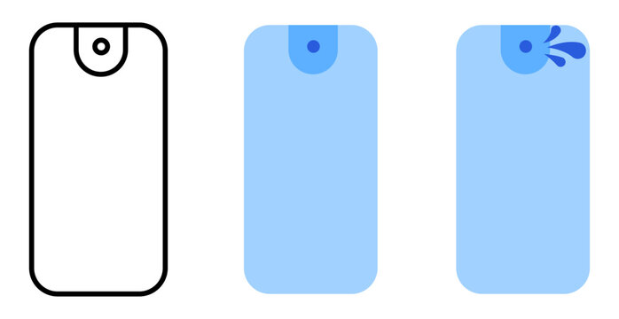 Set of three rectangular pocket spray bottles shows outline solid blue active droplet variants. Great for sanitizer perfume travel apps packaging UI kits beauty labels logos marks symbols