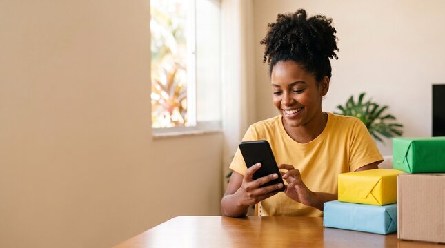 Young woman smiling while using her smartphone with gifts on the table