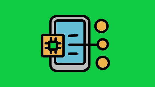 Mobile Chip Connection Motion Icon. Animated mobile phone icon integrated with processor chip and node links, symbolizing mobile processing power, cellular network technology, and connectivity.