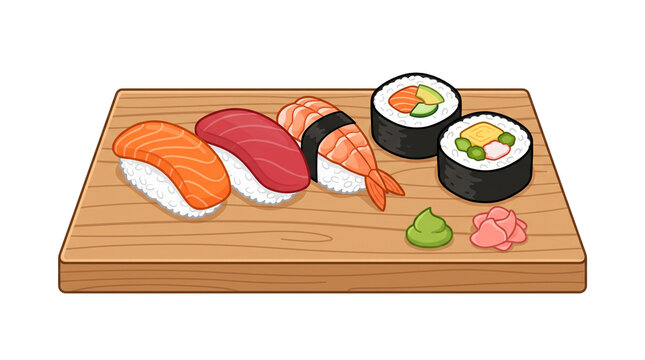 Assorted Japanese Sushi Set on Wooden Board Platter