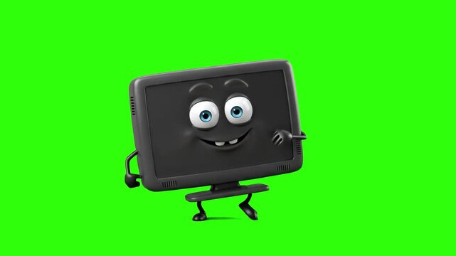 A funny 3D computer monitor character with cute cartoon face features standing on a chroma key green background. Ideal for video editing overlays, software tutorial intros, tech VFX compositing, and e