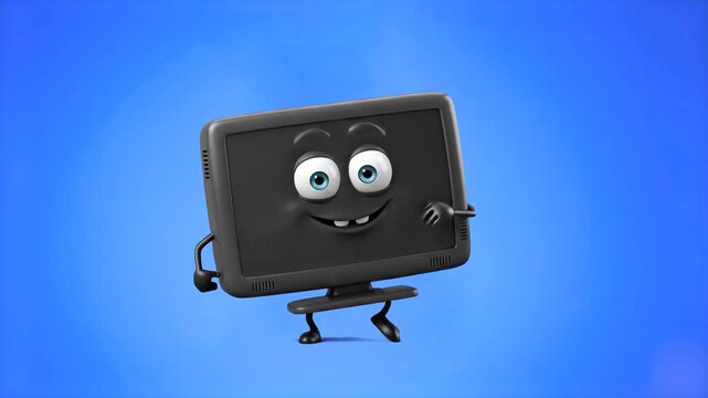 A friendly 3D cartoon computer monitor character with expressive eyes and a big smile standing on a bright blue backdrop. Perfect for tech educational videos, IT mascot promos, software tutorials, and