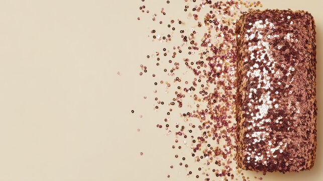 Shimmering Rose Gold Sequin Pouch with Sparkling Glitter on Soft Beige Background for Stylish Accessories