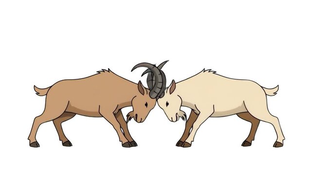 A clean 2D animated illustration featuring two goats locking horns in a playful or confrontational headbutt against a plain white background. Suitable for educational presentations, storytelling, moti