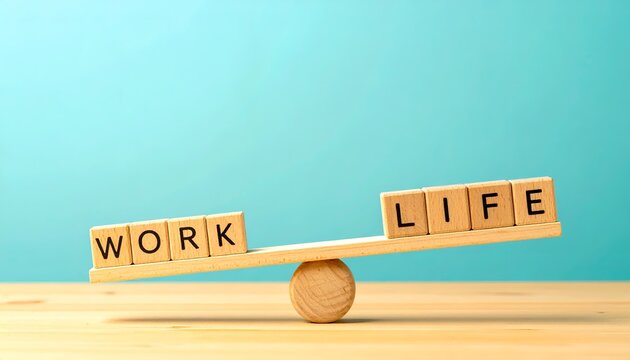 Wooden seesaw displaying WORK and LIFE blocks in a balanced arrangement, representing harmony between professional responsibilities and personal life.
