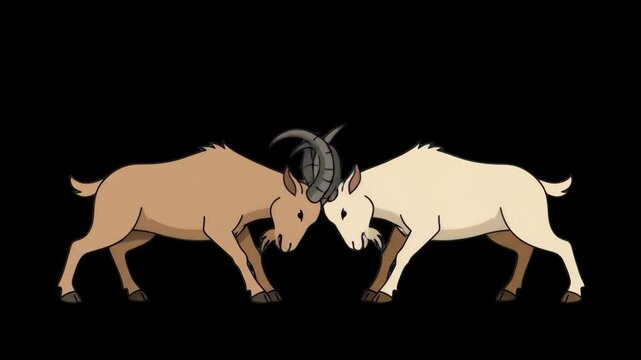Two brown goats locked in battle with horns touching head-to-head on a transparent dark backdrop. Ideal for stubbornness concept visuals, rivalry animations, animal fight graphics, cartoon mascots, an
