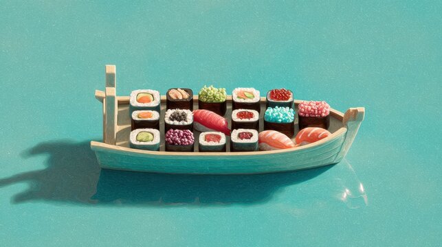 Colorful sushi assortment on a wooden boat floating in turquoise water, showcasing various delicious sushi types