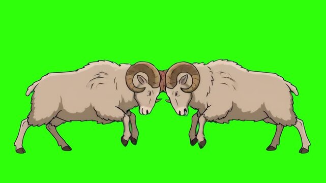 A 2D cartoon animation depicting two male rams clashing horns in a headbutting pose against a bright green chroma key background. Ideal for children's content, educational videos, or humorous concepts