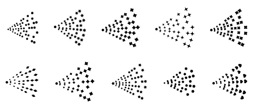 Set of ten conical mist bursts using floral dots, sparkles, crosses, diamonds with tiny heart particles. Perfect for perfume packaging, fragrance branding, cosmetic labels or deodorant campaign icons