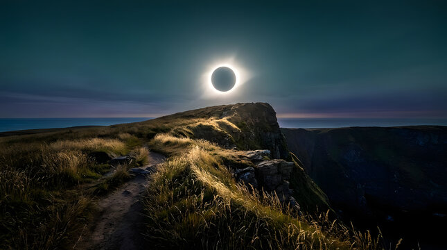 Bright solar eclipse above grassy ocean cliff.