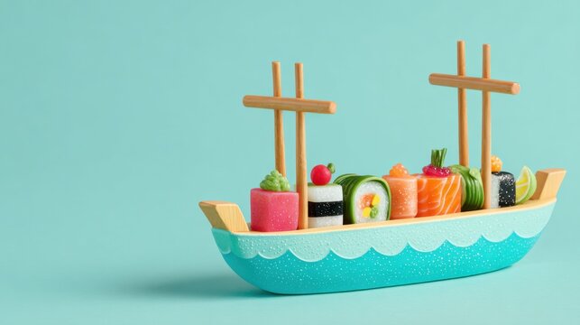 Colorful miniature sushi boat on a light blue background showcasing various sushi types and vibrant garnishes