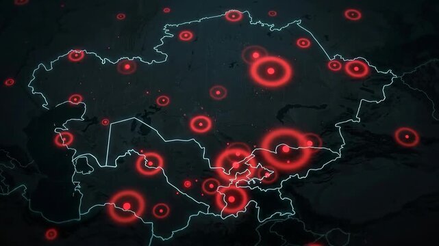 High-tech digital map focusing on the Central Asian region (including Kazakhstan and surrounding countries) highlighted with glowing red target nodes, virus spread markers, and data infection hotspots
