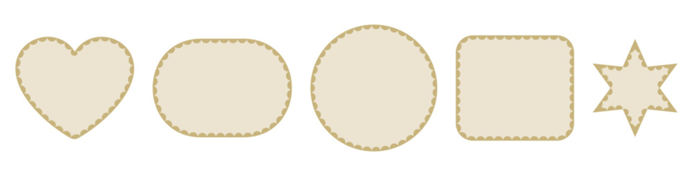 Tan scalloped lace borders frame beige heart, circle, square, star plus oval label shapes on white background as minimal decorative trim set for wedding stationery or neutral craft projects.