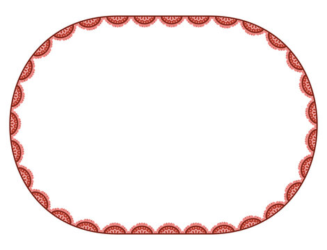 Maroon bold eyelet scallop lace horizontal oval border with broderie anglaise cutwork trim encloses white center. as classic vintage frame for wedding invitations or cottagecore craft label cards.