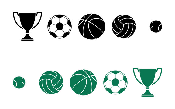 Black and green sports balls and trophy icons set with trophy icon champion trophy soccer ball tennis ball