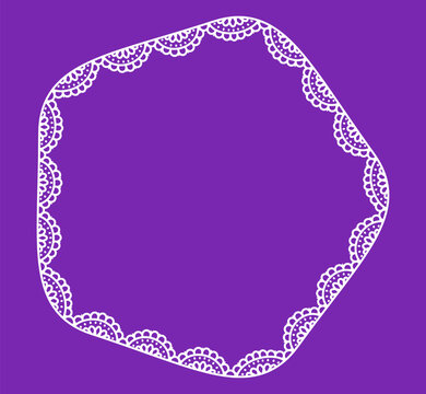 White bold eyelet scallop lace hexagon border with broderie anglaise cutwork trim encloses violet center on purple. as classic vintage frame for wedding invitations or cottagecore labels.