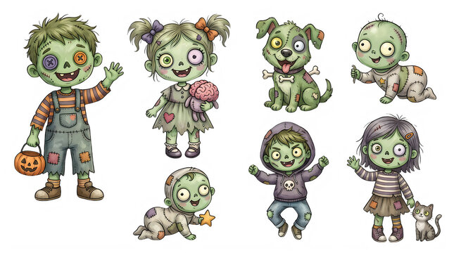 Cute zombie children collection, 7 cartoon undead characters set. Spooky Halloween kids and zombie pets illustration. Green monster toddlers. Halloween,PNG