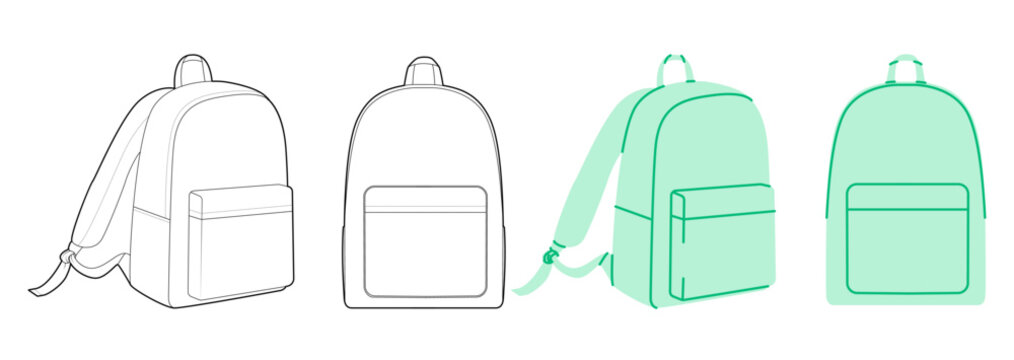 Backpack silhouette bag. Fashion accessory technical illustration. Vector schoolbag front, side 3-4 view for Men, women, unisex style, flat handbag CAD mockup sketch outline isolated