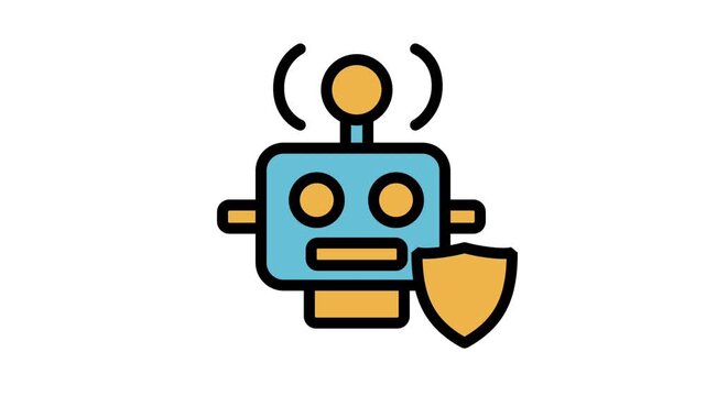 Robot Security Guard Motion Icon. Animated full-body robot character icon with shield, representing automated security systems, AI protection, defense technology, and safe robotics support.