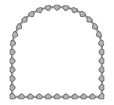 Black arched heart lace border with crown motifs plus tiny bows creates scalloped princess frame as romantic ornament. isolated on white background for wedding invitations or greeting cards.