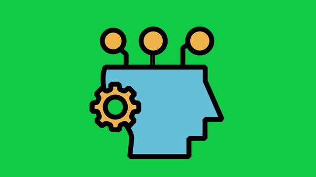 Human AI Mind Motion Icon. Animated human head profile icon with brain nodes and gear, representing artificial intelligence, machine learning, deep thinking, and innovation.