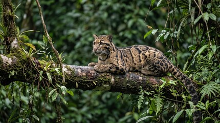 Naklejka premium Clouded leopard resting on a tree branch in a dense tropical jungle forest