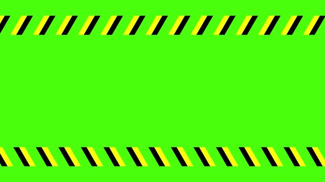 Yellow and black diagonal hazard stripe border frame overlay with green screen chroma key background.