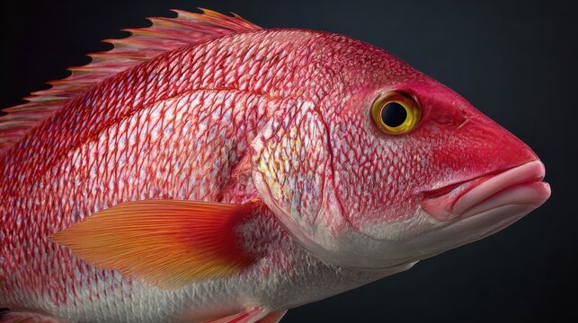 Vibrant Red Snapper Fish Close-Up with Detailed Texture and Colorful Features Captured Against Dark Background
