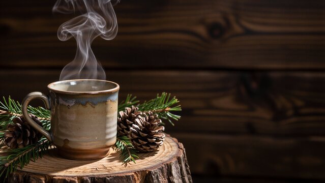 Cozy indoor scene featuring a steaming mug of coffee and pine cones on a wooden surface