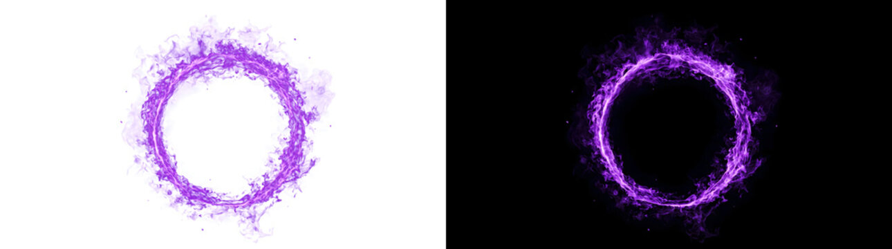 Purple fire ring burning in circular shape on black background ideal for fantasy magic effects in PNG, Transparent and Black Background Versions