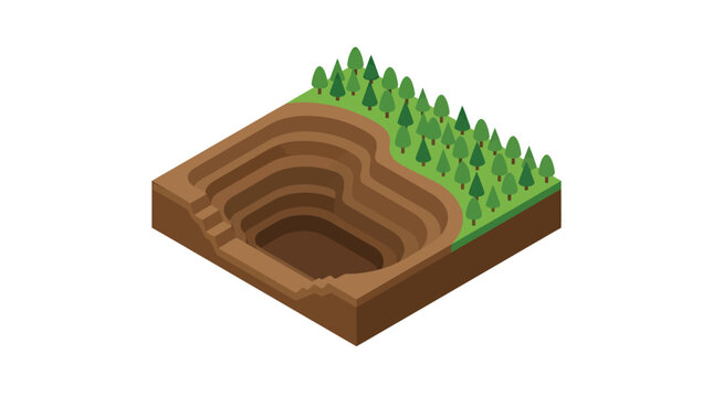Isometric 3D illustration of a deep open pit mine near forest