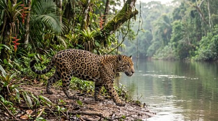 Naklejka premium A wild jaguar walking on the river bank in the deep green tropical rain forest of the amazon
