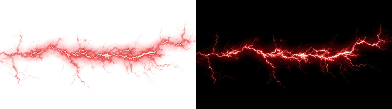 Red lightning bolt crackling with intense electric branches on black background ideal for dramatic power effects in PNG, Transparent and Black Background Versions