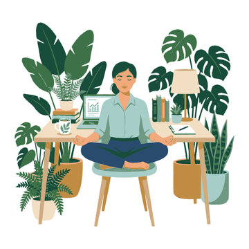Woman meditating at home office desk surrounded by houseplants vector illustration. SVG Editable. Vector Illustrations.