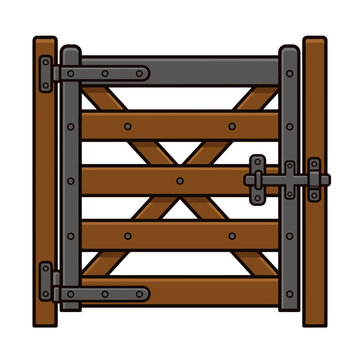 Wooden gate with metal hinges and latch illustration. SVG Editable. Vector Illustrations.