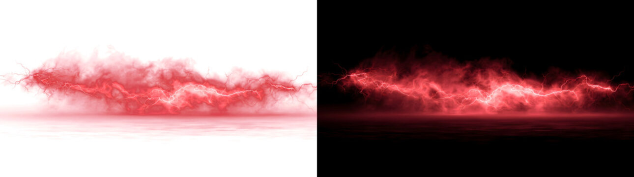 Red lightning storm crackling above misty horizon on black background ideal for dramatic power effects in PNG, Transparent and Black Background Versions