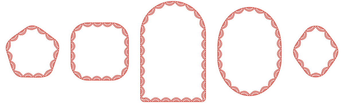 Red bold eyelet scallop lace borders outline pentagon, square, arch, oval plus diamond frames on white as classic vintage cutwork trim for wedding invitations or cottagecore label cards.