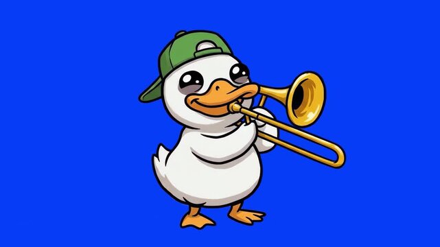A cute 2D cartoon illustration of a white duck character wearing a green backwards cap and happily playing a brass trombone, set against a vibrant blue backdrop. Perfect for kids' music lessons, march