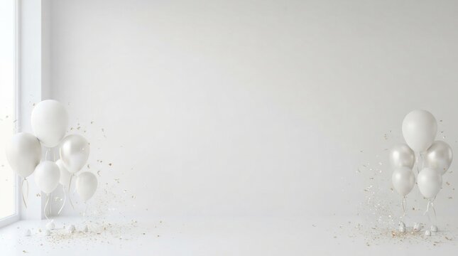 Celebration balloons and confetti in bright minimalist interior space