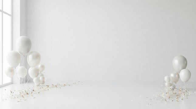 Celebration scene with white balloons and confetti minimalist interior