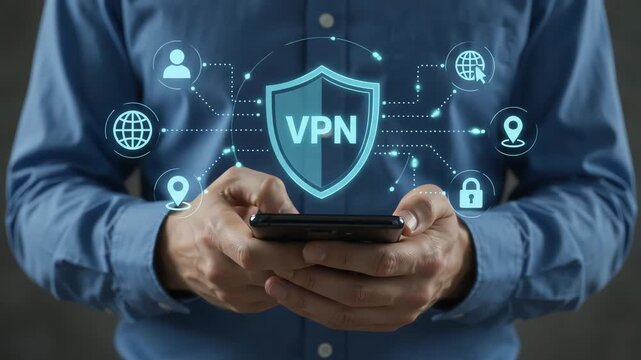 Man using smartphone with vpn virtual private network security icons