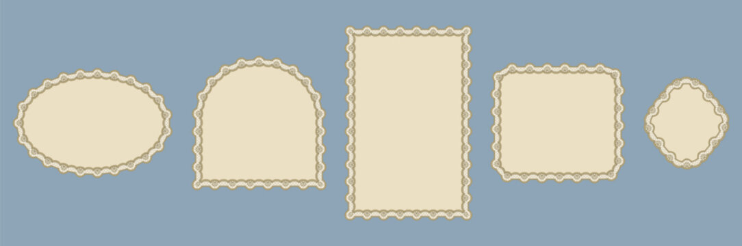 Cream lattice flower lace borders shape oval, arch, tall capsule, rounded slab plus diamond frames on dusty blue as Victorian crochet trim isolated for invitation labels or elegant stationery.